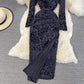 Slim, thin, split temperament, bronzed print V-neck dress  3767