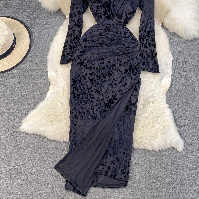 Slim, thin, split temperament, bronzed print V-neck dress  3767