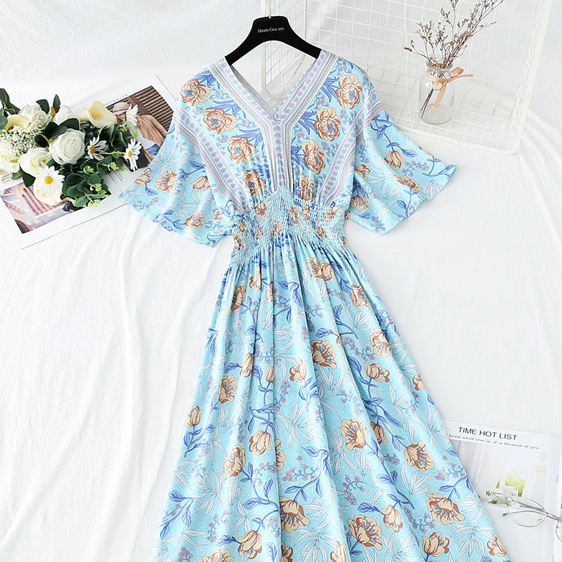 Robe en coton et lin style rétro français col en V style national 4258