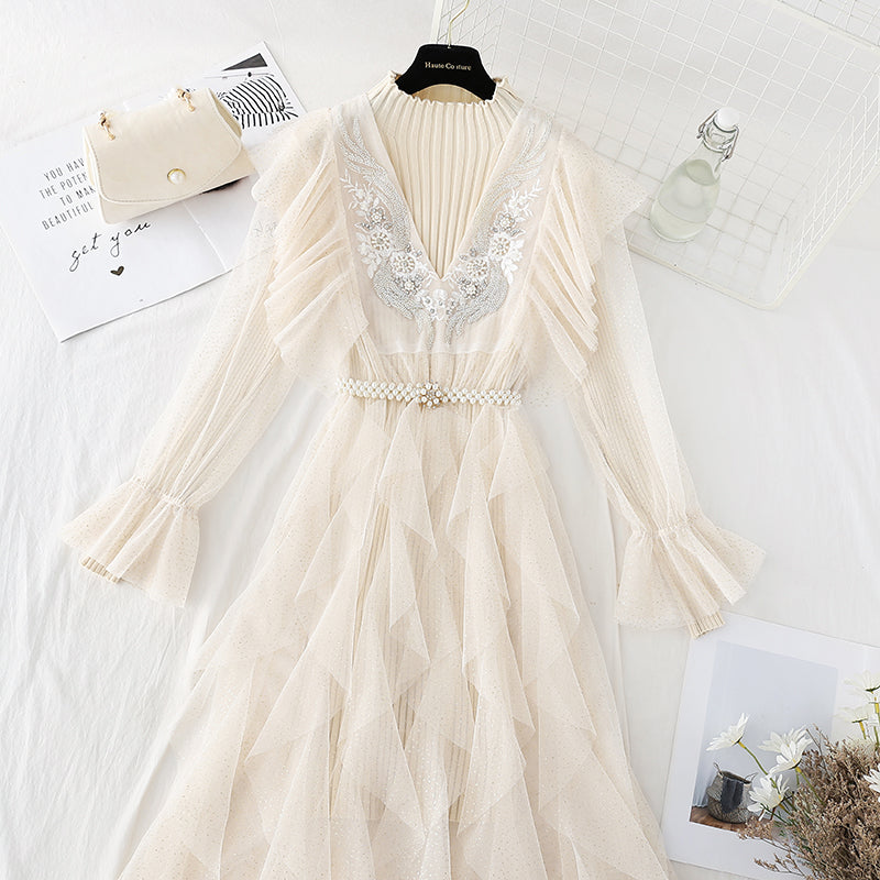 Embroidered mesh shows thin temperament knitted dress for women  4092