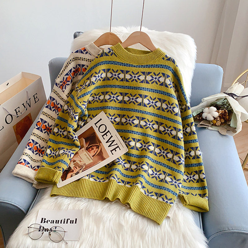 Rundhals-Weinlese-Jacquard-Pullover aus weichem, wachsartigem Material für Damen 5166