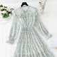 Bow chiffon dress shows thin temperament, slim pleated floral skirt  4089