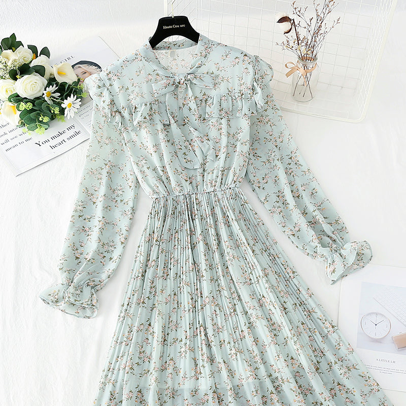 Bow chiffon dress shows thin temperament, slim pleated floral skirt  4089