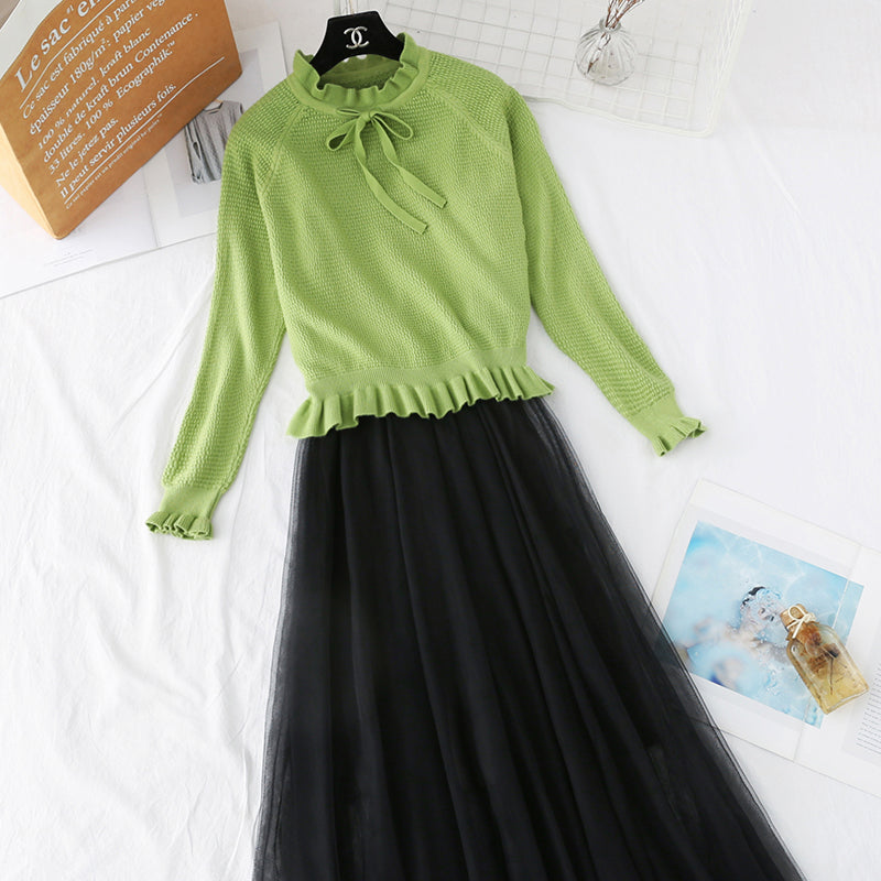 Flounced suspender mesh knitted dress  3946