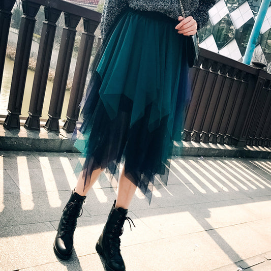 New multi-layer multicolor, irregular mesh splicing skirt, midi tulle skirt  3687