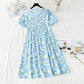Bubble sleeve cotton linen dress gentle wind broken flowers  4248