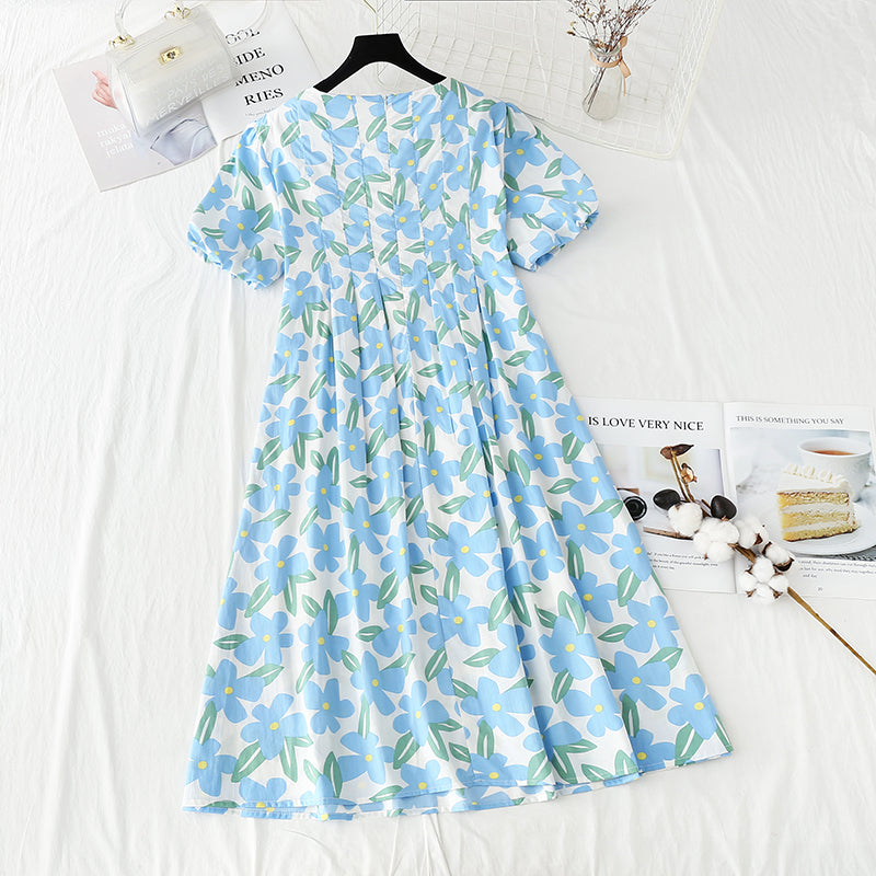 Bubble sleeve cotton linen dress gentle wind broken flowers  4248
