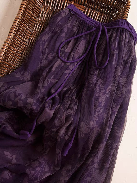 floral romantic skirt,purple silk skirt  3627