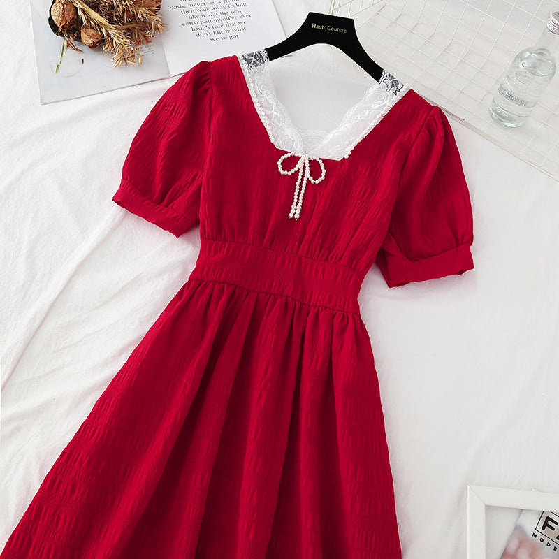 Pearl Square Neck skirt with a slim waist French dress  4190