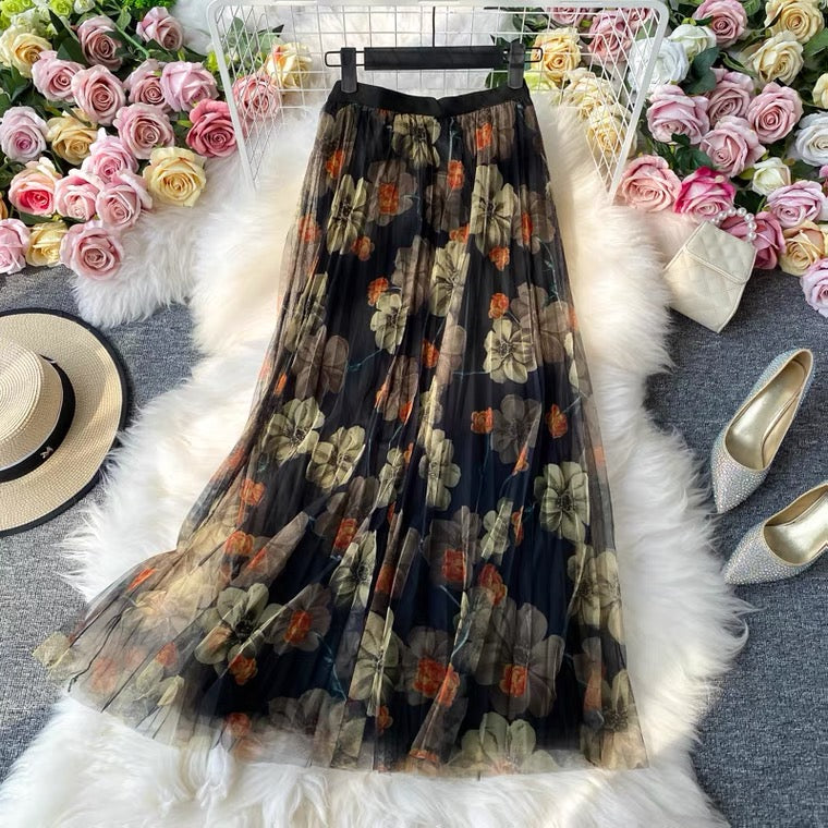 Rock mit Modedruck, Gazerock mit elastischer Taille, neuer Stil, Faltenrock mit hoher Taille, Rock in A-Linie, mittellanger Rock 3523