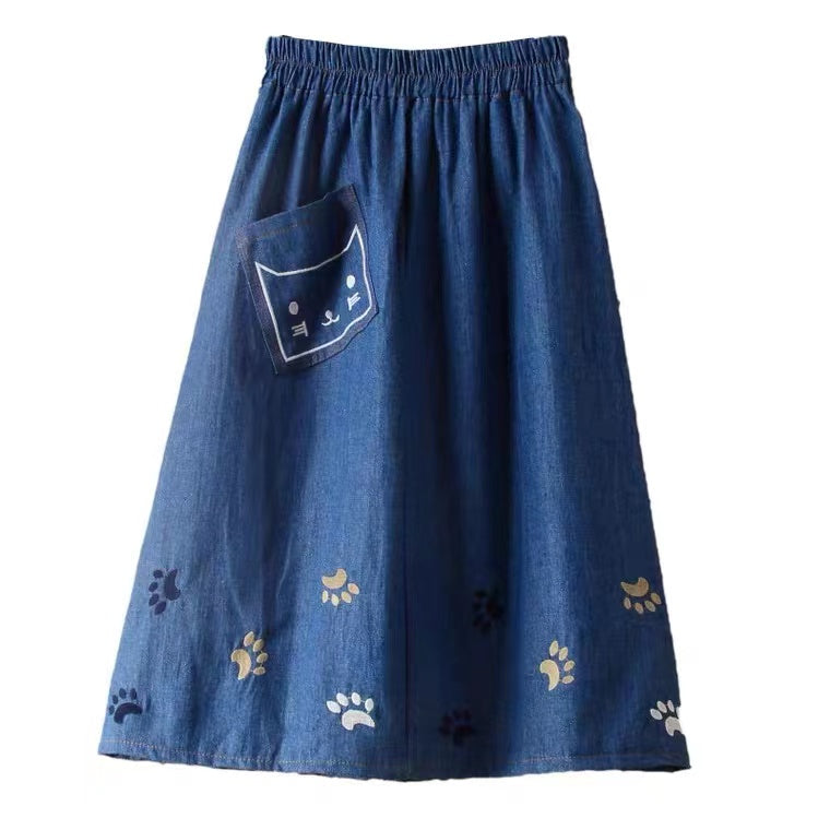 Frühling und Sommer, neu, Jeansrock, niedliche Katzenstickerei, mittellanger Rock mit hoher Taille und großem Schwung, Rock in A-Linie 3611
