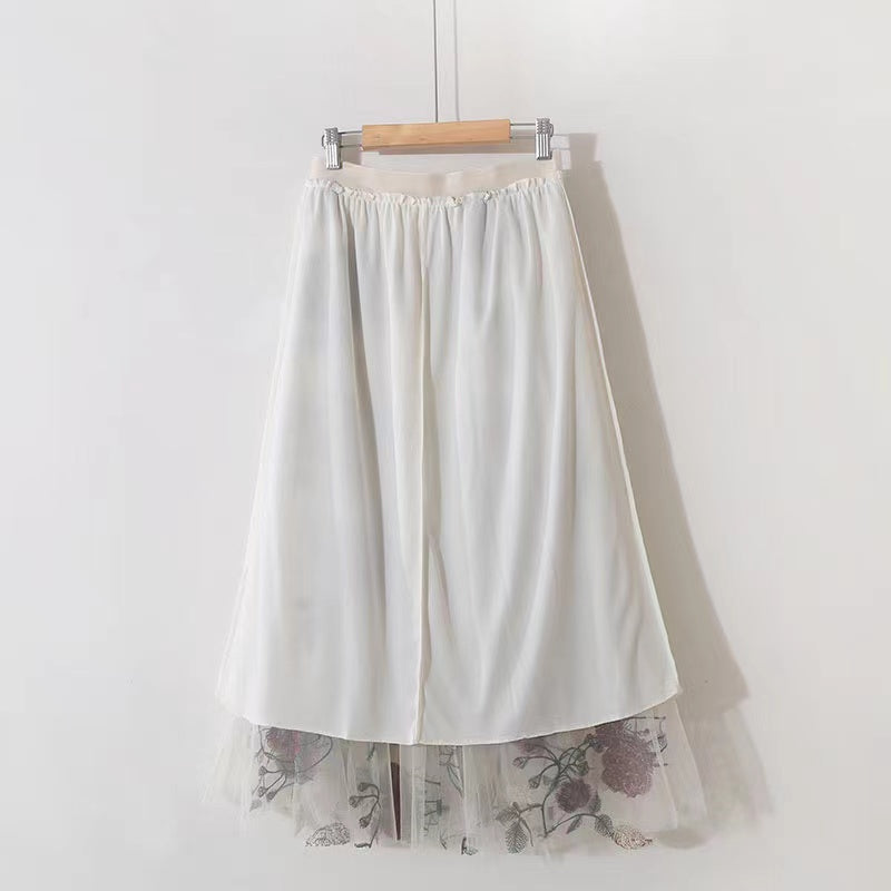 Gestickte große Blumen, stylischer, süßer Mesh-Midi-Feenrock 3632