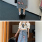 Denim skirt, mid-length A-line skirt with floral split  3551