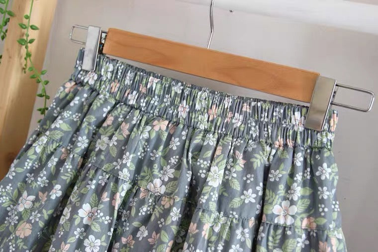 New style, cotton and linen, small fresh, A-line pleated skirt, floral skirt  3584