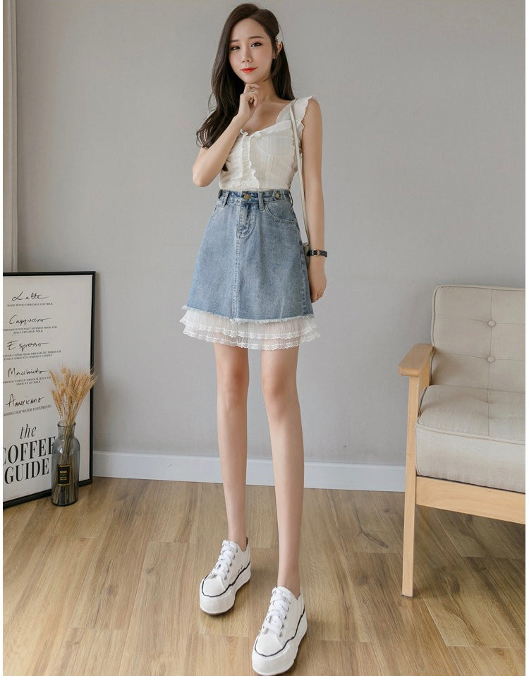 New, high-waisted denim patchwork A-line skirt, casual skirt  3606