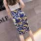 Blue printed dress with yellow, high waist, slim stretch skirt, split back skirt  3542