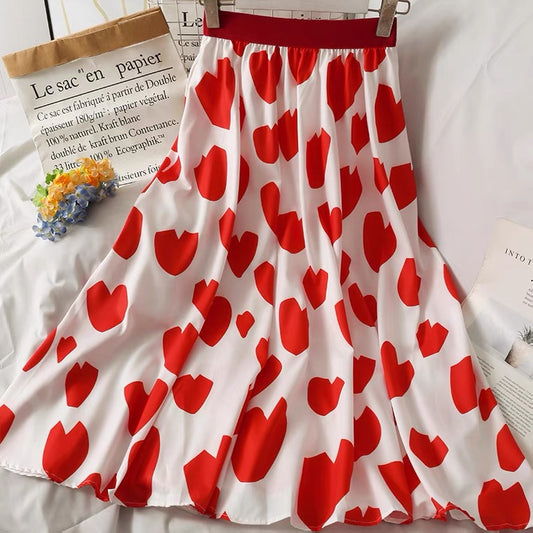 Sweet wind, heart print mid-length skirt, high waist thin A-line skirt  3595
