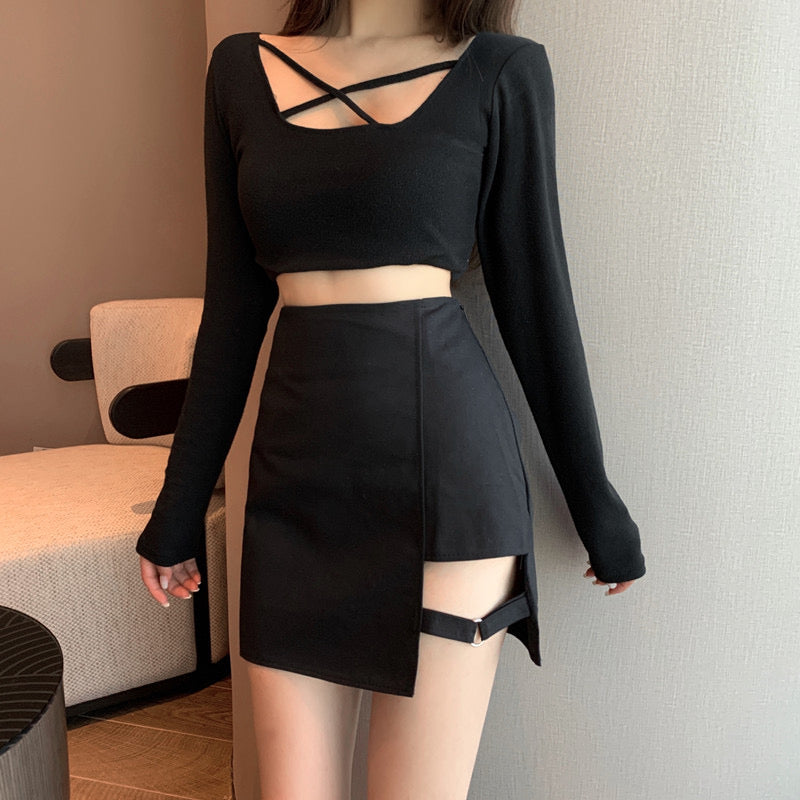 Unregelmäßiger Rock, Frühling/Sommer, neuer Stil, Rock mit hoher Taille, schwarzer, figurbetonter Rock 3650