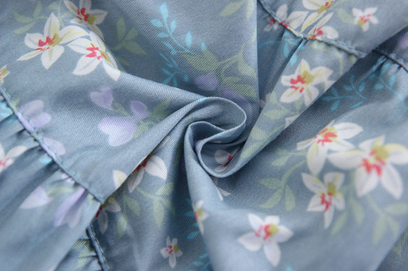 Floral skirt, new style, cotton and linen, small fresh, preppy style, high waist pleated skirt  3586