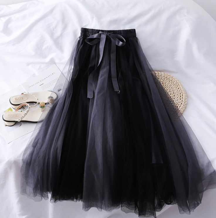 Super fairy, bow tie, high waist slim mesh bouffant skirt, color matching medium length skirt  3601