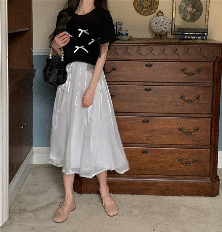 White midi skirt, high waist A-line skirt  3648