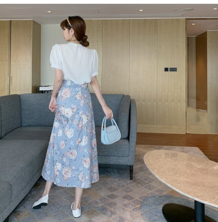 New style, temperament, midi split skirt, long floral A-line skirt  3552