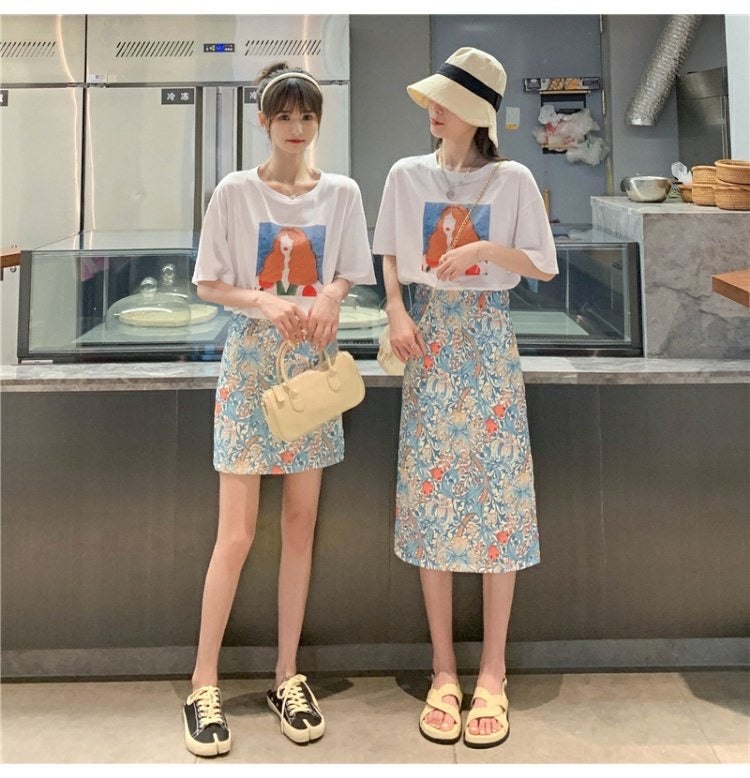 Oil painting broken flower skirt, summer, thin bodycon skirt,high waist midi skirt  3555
