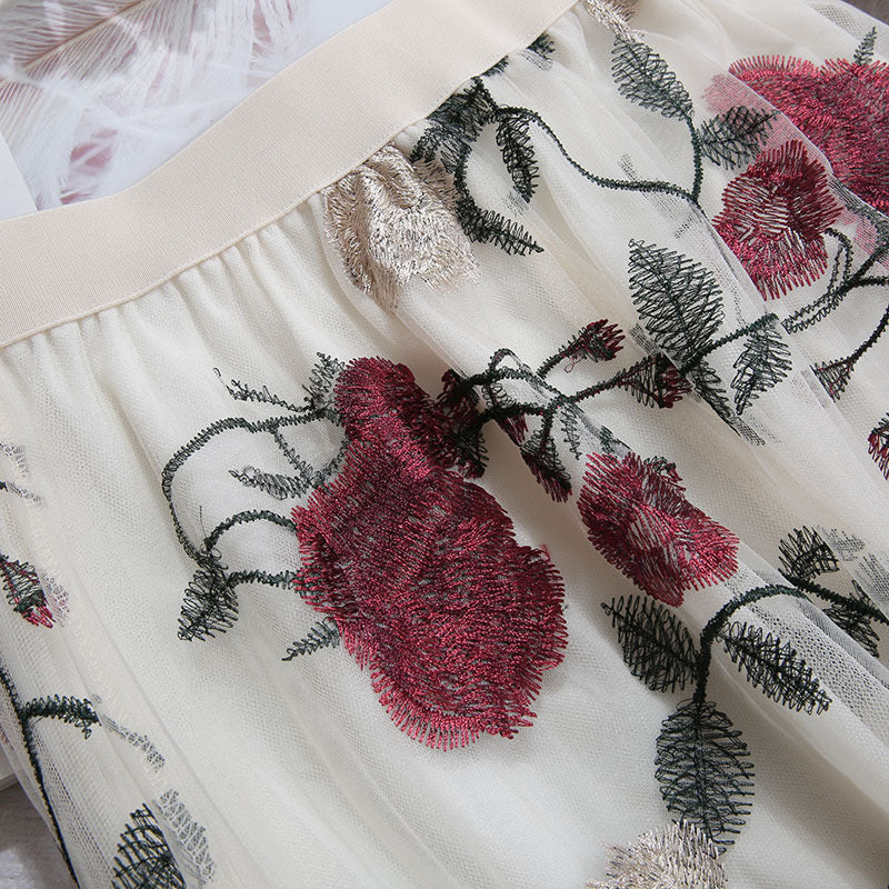 Gestickte große Blumen, stylischer, süßer Mesh-Midi-Feenrock 3632