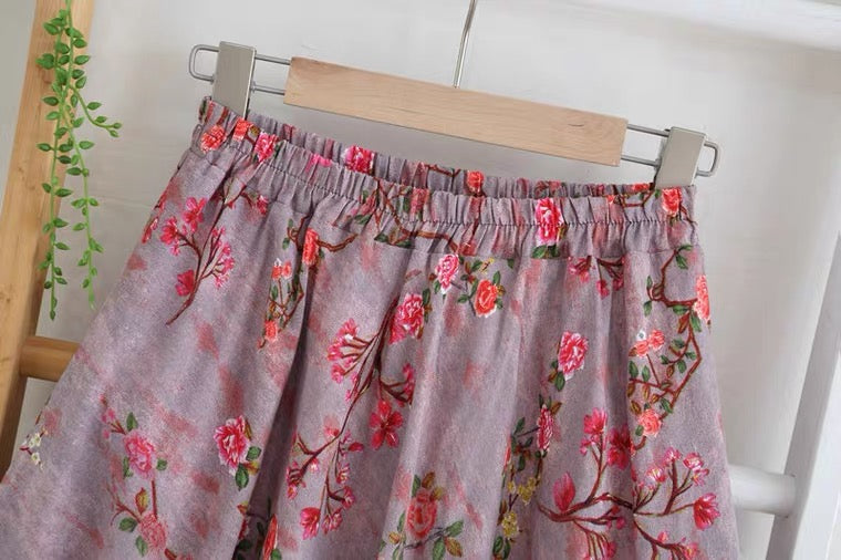 Flower skirt, cotton and linen midi skirt with pocket, purple A-line skirt  3573