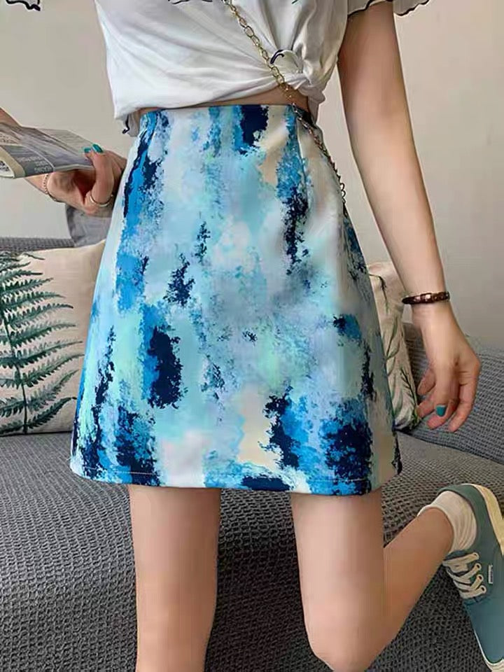 Personality ink bodyocn skirt, temperament, gentle high waist skirt, versatile A-line skirt  3557