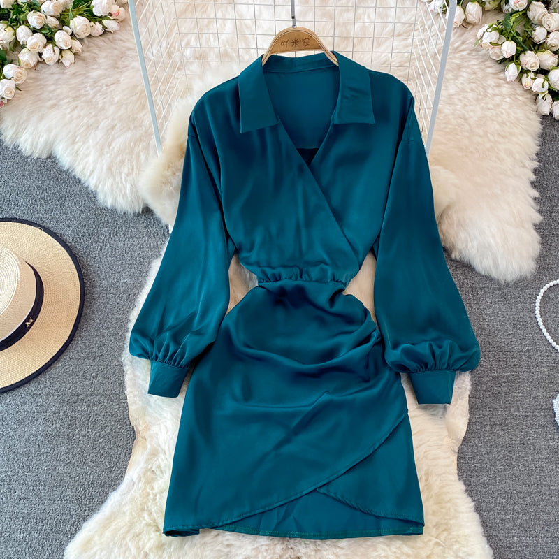 Lapel waistband slim pleated buttock bottomed dress  3752