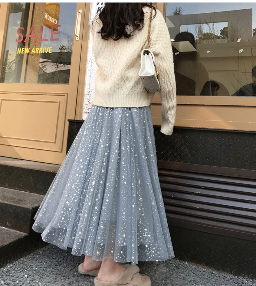 New style, starry sky skirt, fairy A line bouffant long skirt, sequined star tulle skirt  3590