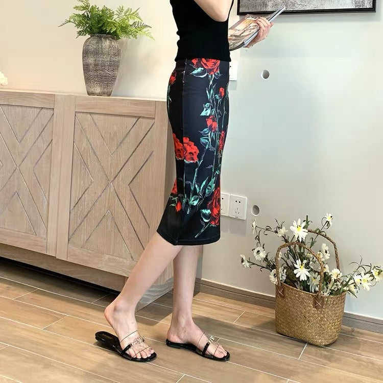 Vintage, ethnic style, high waist slim skirt, summer, new style, flower print bodycon stretch skirt  3534