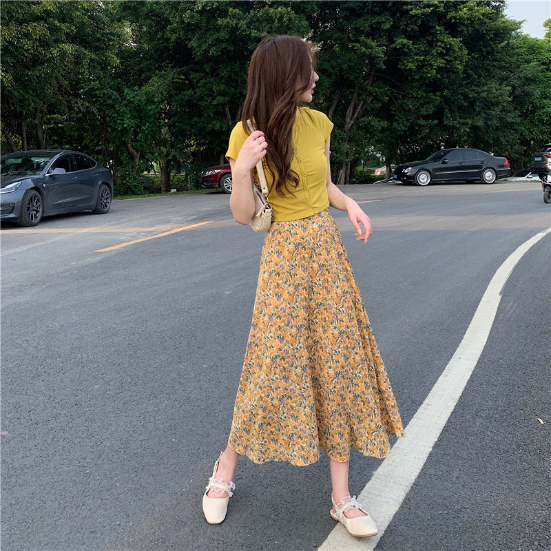 Midi floral skirt, new style, high waist, drawstring fishtail A-line skirt  3652