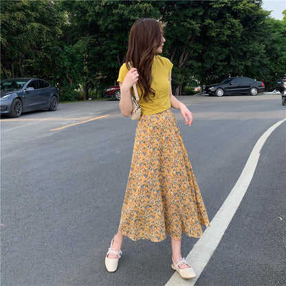 Midi floral skirt, new style, high waist, drawstring fishtail A-line skirt  3652