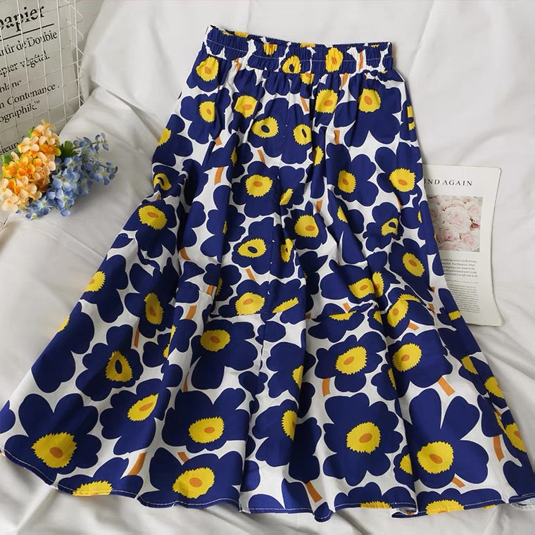 Jupe trapèze florale fraîche, taille haute, ample, jupe midi élégante 3596
