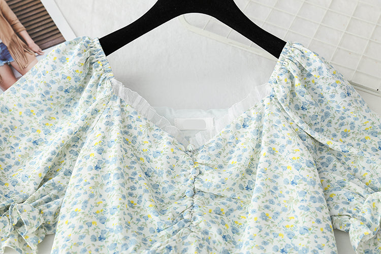 Line shoulder square neck bubble sleeve waist narrow skirt  3738