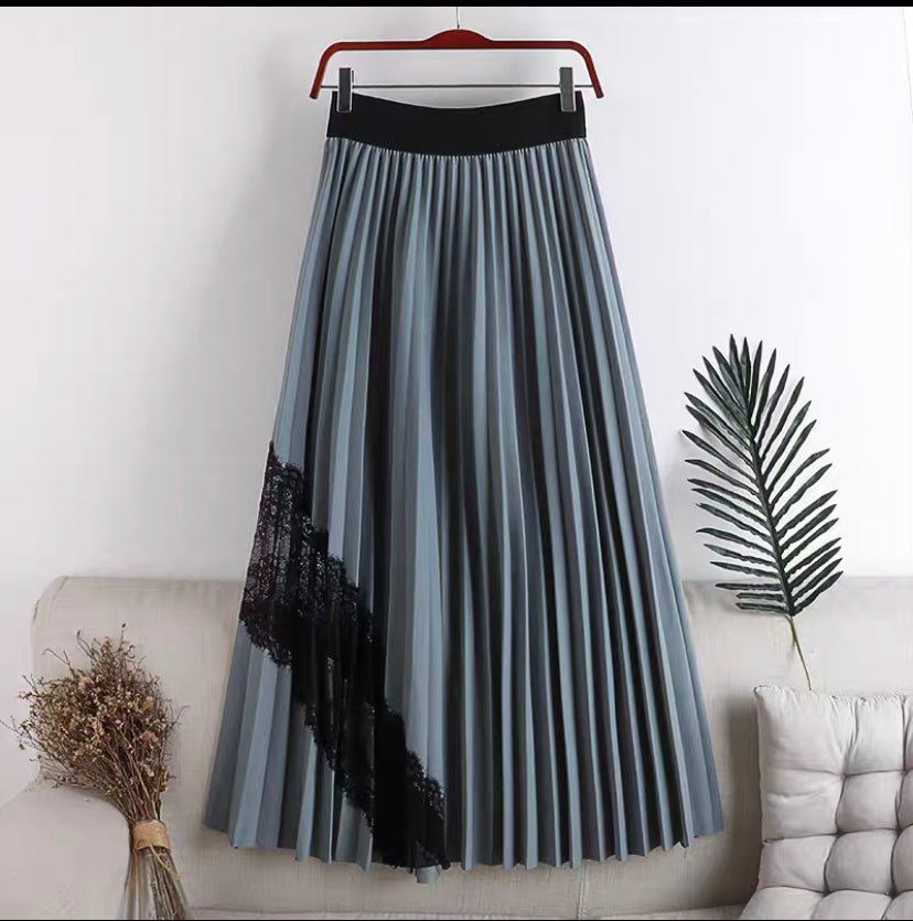 New style, high waist, large swing, elastic waist, pleated spliced lace mid-length skirt  3624