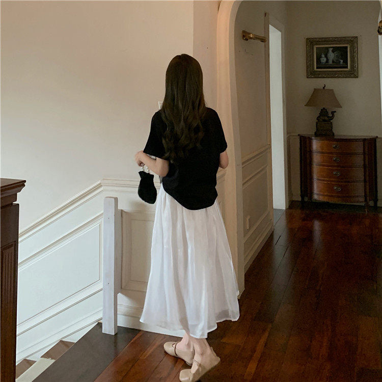 White midi skirt, high waist A-line skirt  3648