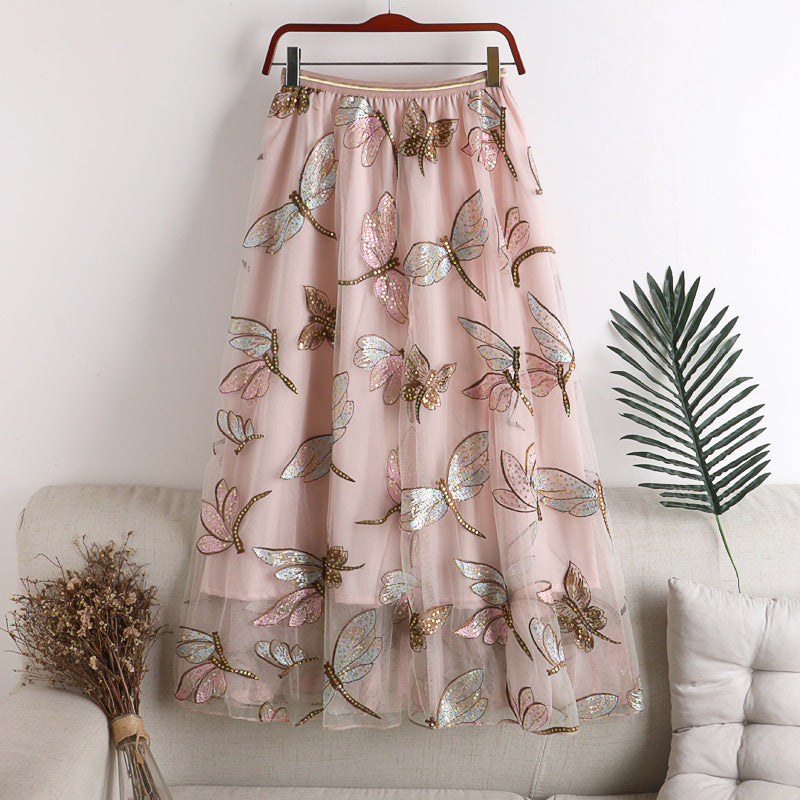 Heavy industry sequins dragonfly embroidery skirt,drop tulle skirt, A line skirt  3592
