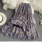 New style, high waist, elastic waist A-line vintage chiffon skirt, floral splicing midi skirt  3561