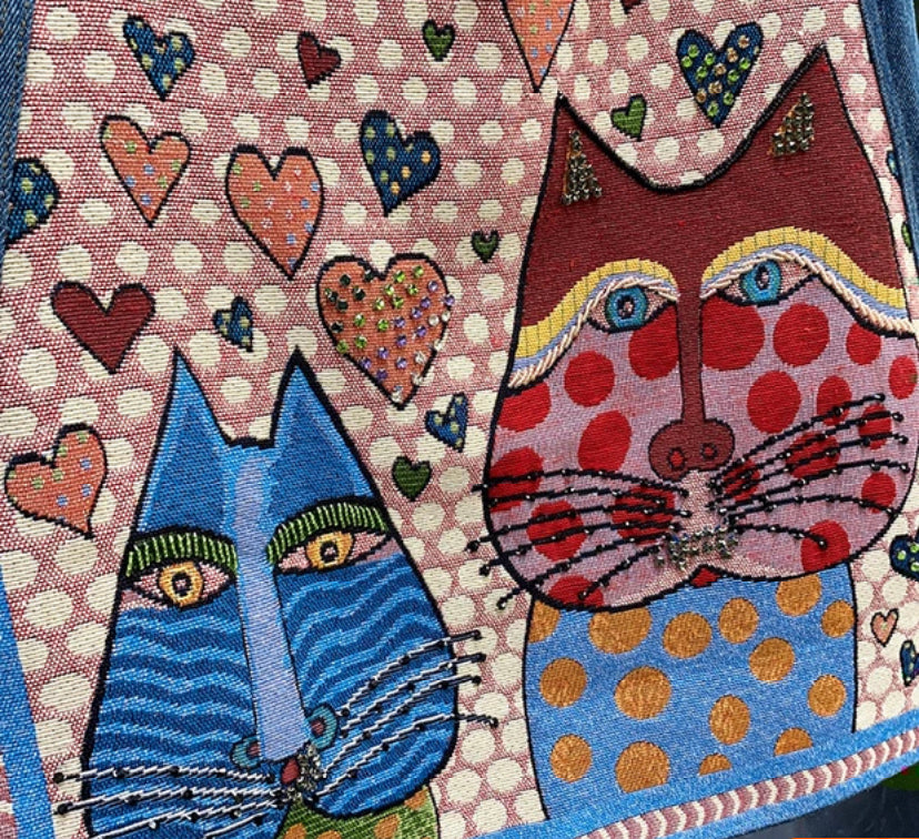 Kunstillustration Katzenkopfstickerei, Jeansrock mit schwerem Perlengürtel 3531