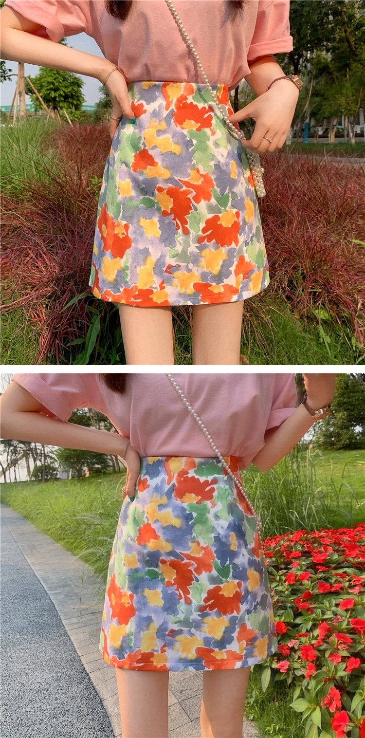 Personality ink bodyocn skirt, temperament, gentle high waist skirt, versatile A-line skirt  3557