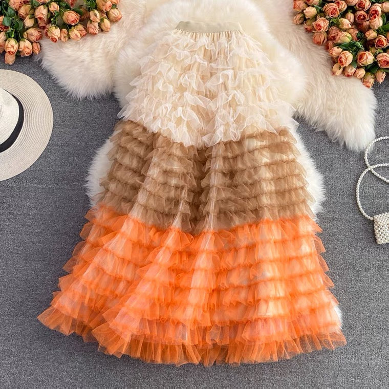 Fairy skirt pleated mesh skirt, versatile, long midi skirt, elastic waist, layer cake skirt, elegant skirt  3530