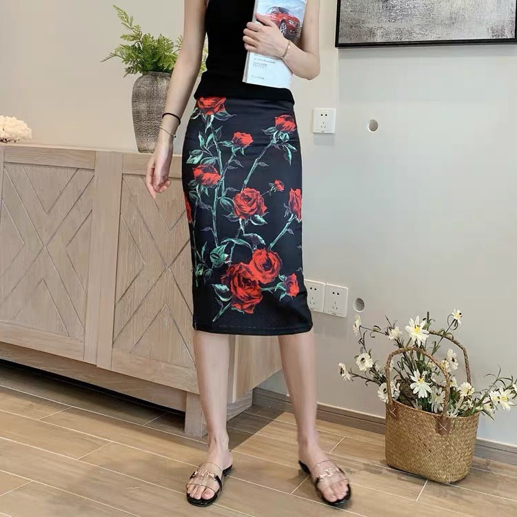Vintage, ethnic style, high waist slim skirt, summer, new style, flower print bodycon stretch skirt  3534