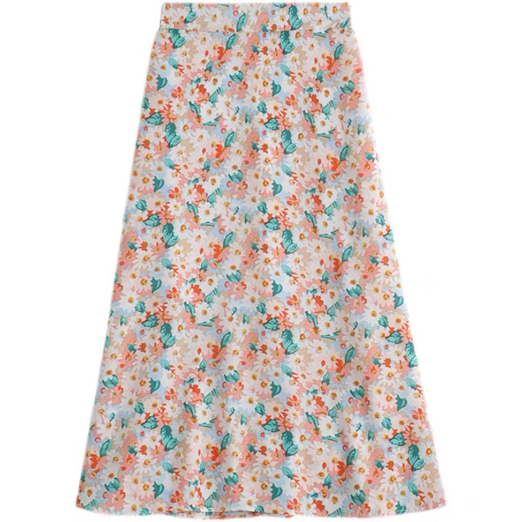 Neuer Stil, A-Linien-Rock mit kleinem Daisy-Chiffon-Print, voller Rock mit hoher Taille, mittellanger Rock 3560