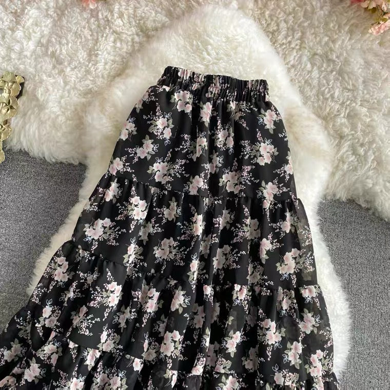 Geblümter Chiffonrock mit elastischer Taille, süßer langer All-Match-Rock, langer A-Linien-Rock mit hoher Taille und großem Schwung 3562