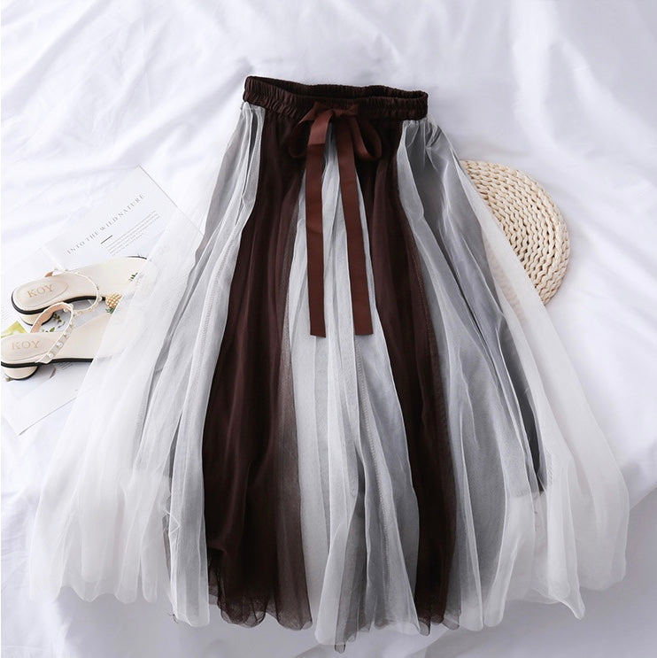 Super fairy, bow tie, high waist slim mesh bouffant skirt, color matching medium length skirt  3601