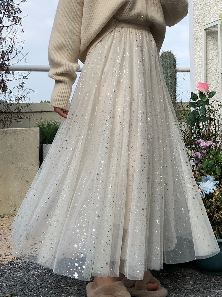 New style, starry sky skirt, fairy A line bouffant long skirt, sequined star tulle skirt  3590