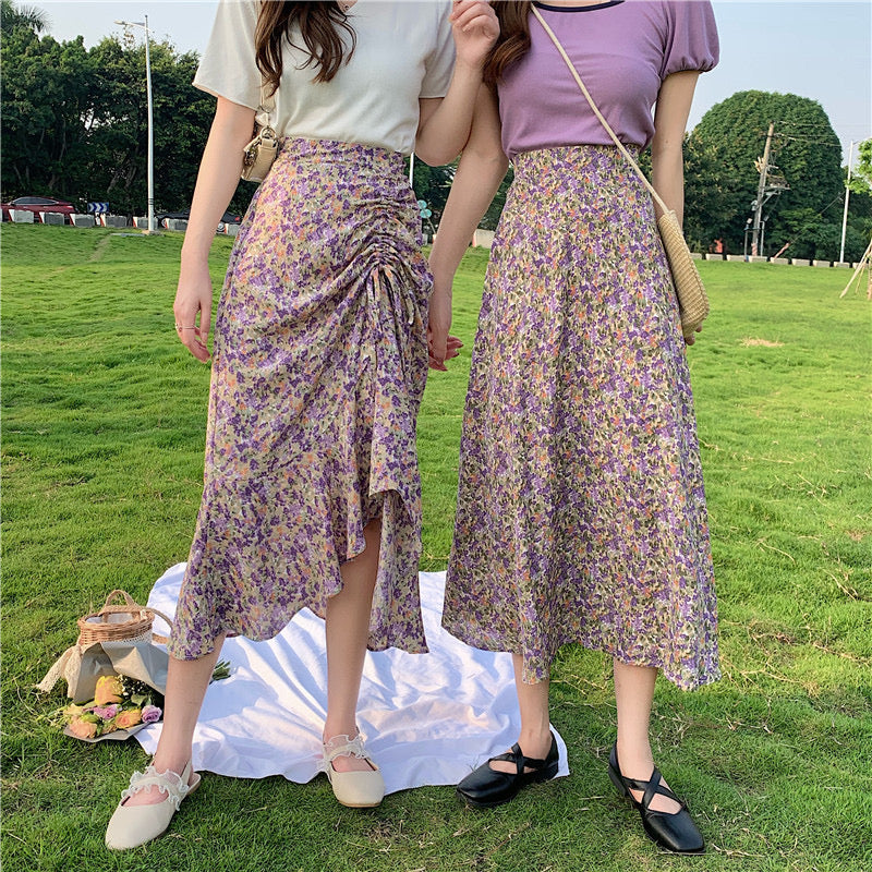 Midi floral skirt, new style, high waist, drawstring fishtail A-line skirt  3652